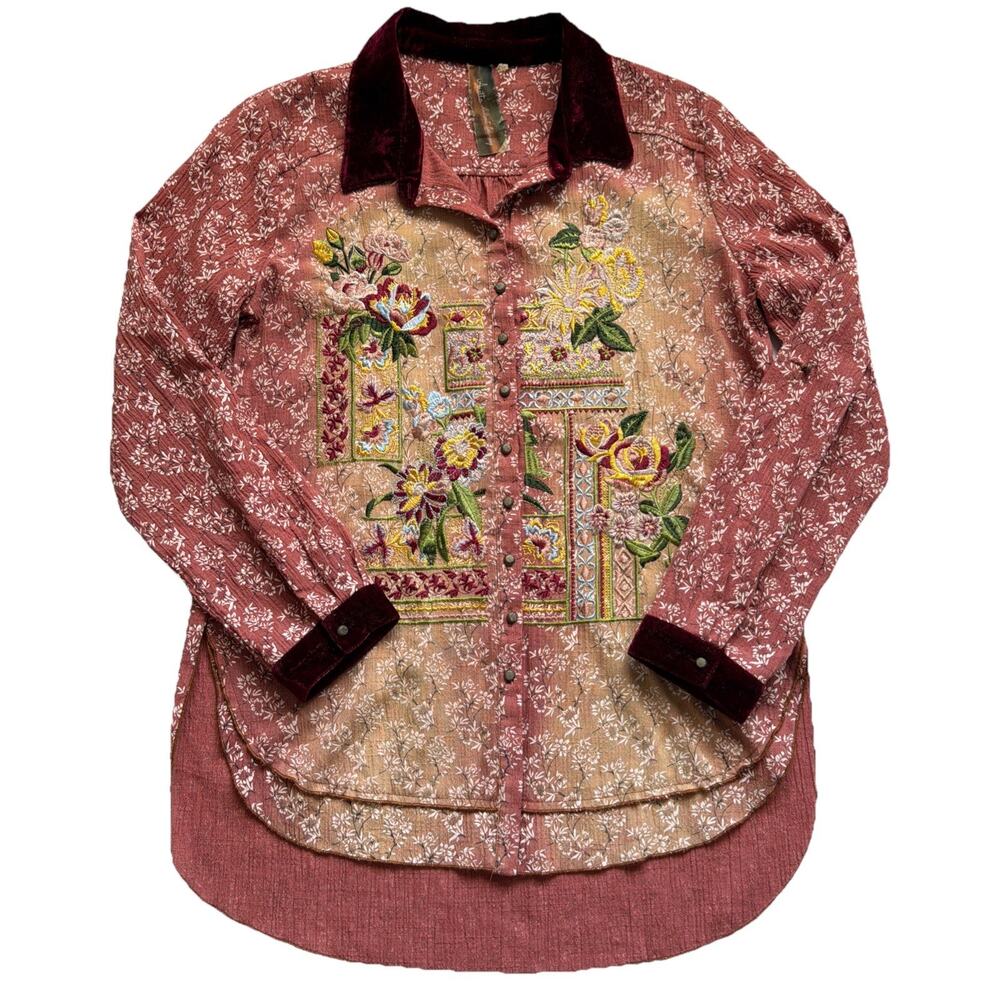Aratta Silent Journey Tunic Shirt Small Boho Embroidered Velvet Trim Button Up - Picture 13 of 13